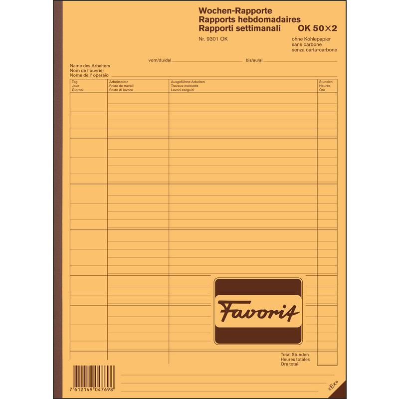 Favorit Durchschreibeblock Wochenrapport, 50/50, A4, gelb