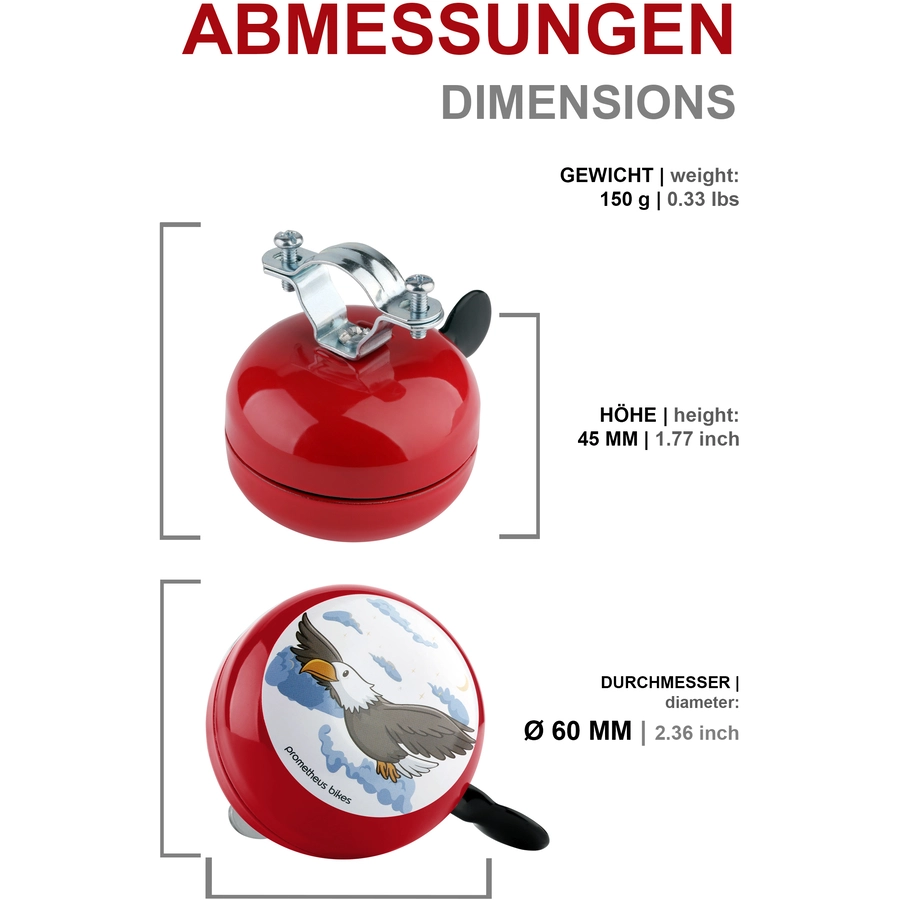PROMETHEUS BICYCLES® Klingel für Kinder - Ding Dong Kinder-Fahrrad-Glocke - 60 mm - Links Montage, Rot