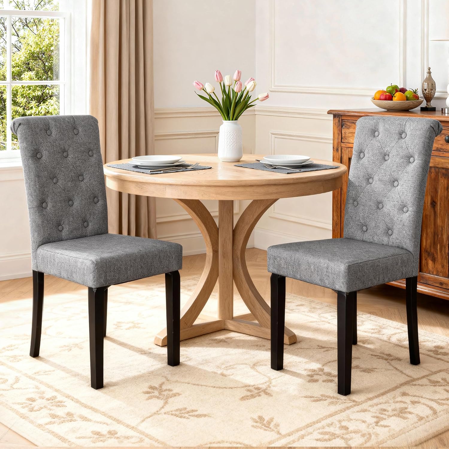 Esszimmerstühle 4er Set, Küchenstuhl Polsterstuhl mit hoher Rückenlehne, Beine aus Massivholz, Leinenoptik Gepolsterte Sitzfläche für Esszimmer, Wohnzimmer, Arbeitszimmer, Dunkelgrau
