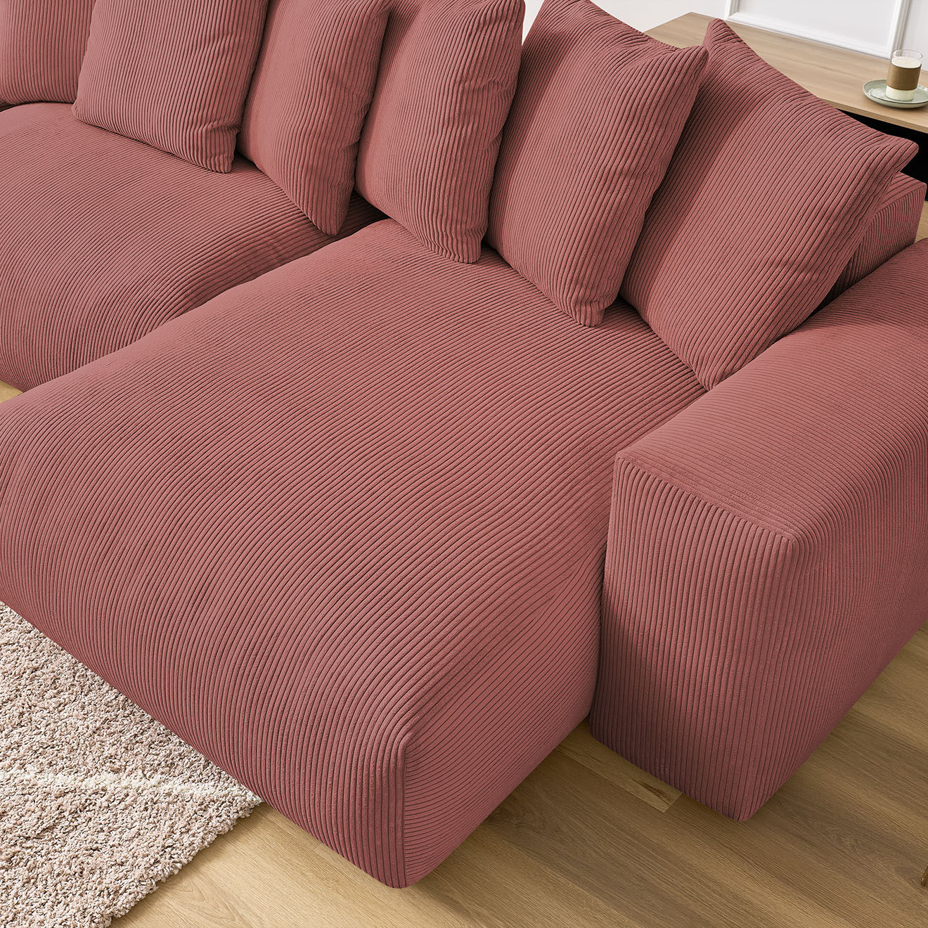 Bobochic Canapé panoramique fixe ultra moelleux voltaire velours côtelé rose - 420x174x75 cm
