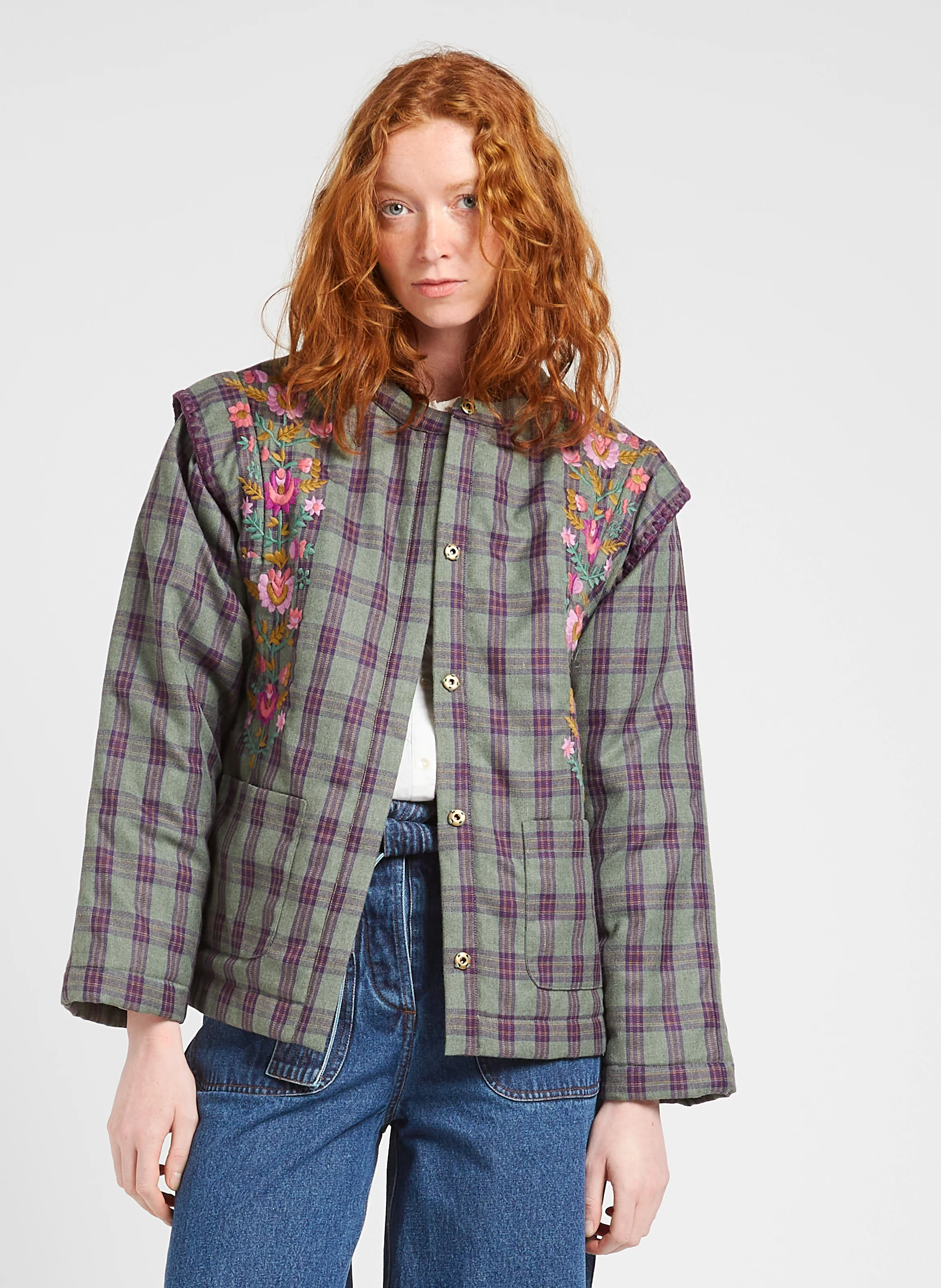 MAURA - Veste col rond brodée à imprimé tartan | Kaki