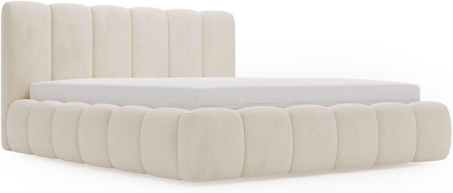 GRAINGOLD Cloud Bett 180x200, Polsterbett mit Bettkasten, Polsterbett mit Stauraum, Samt, mit Lattenrost, mit Kopfteil, ohne Matratze (Beige, 180x200)