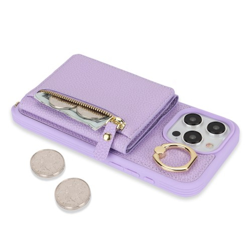 iPhone 14 Pro Max Necklace Leder Hülle mit Münzfach und Kartenfächer   Finger Griff Halterung   Handykette - Lila