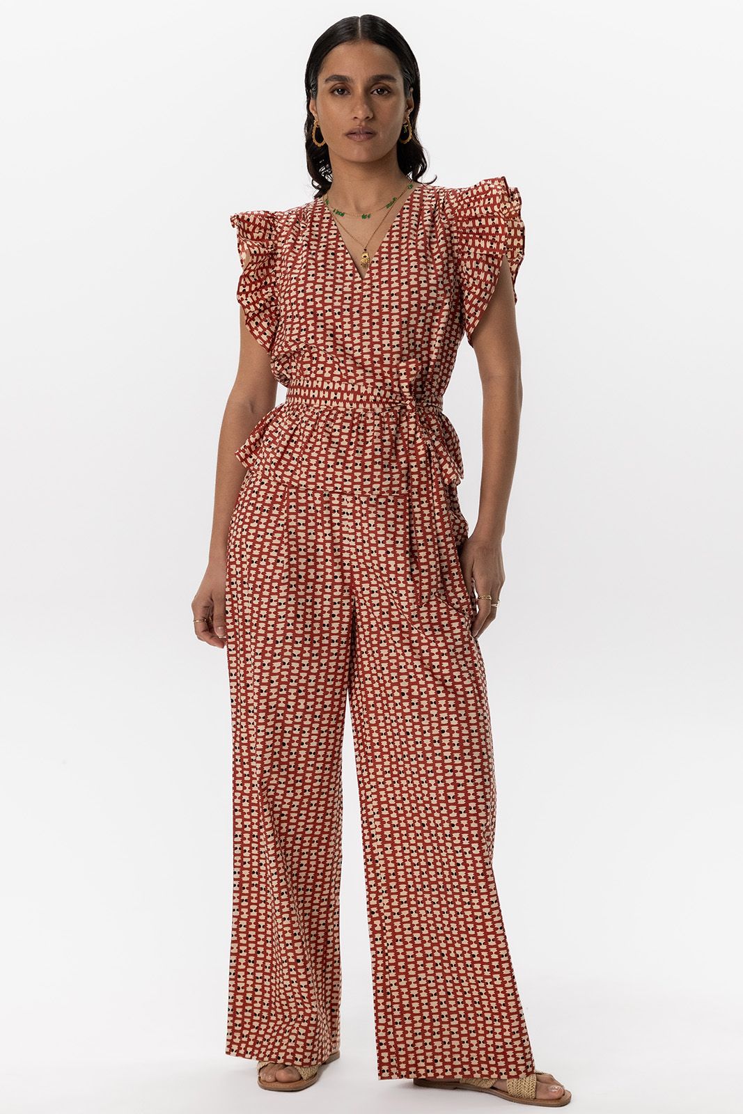 Rode blouse met print en ruffle mouwen
