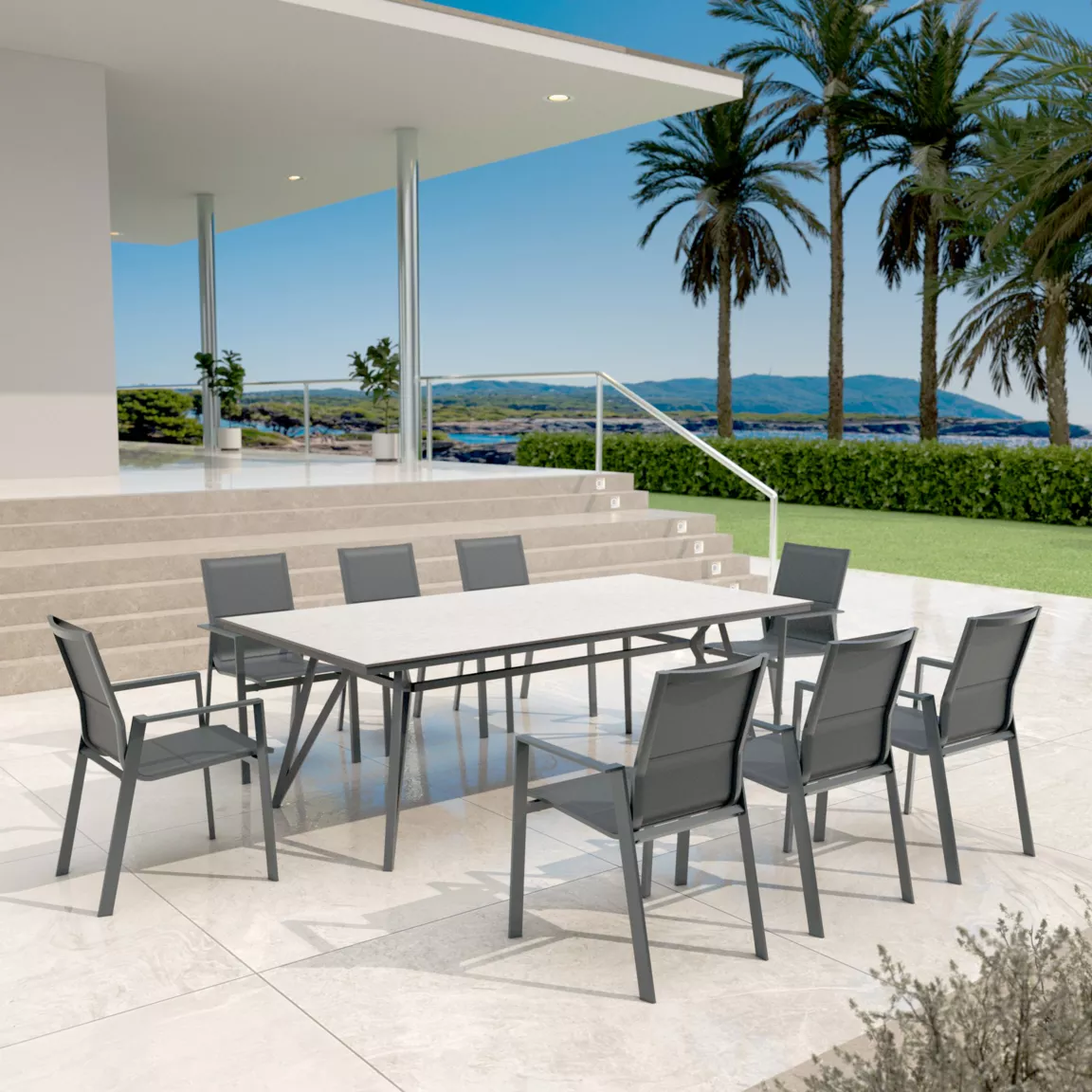 Table de jardin en aluminium et HPL 10 places (220 x 115 cm) Biarritz effet pierre Blanc et gris anthracite