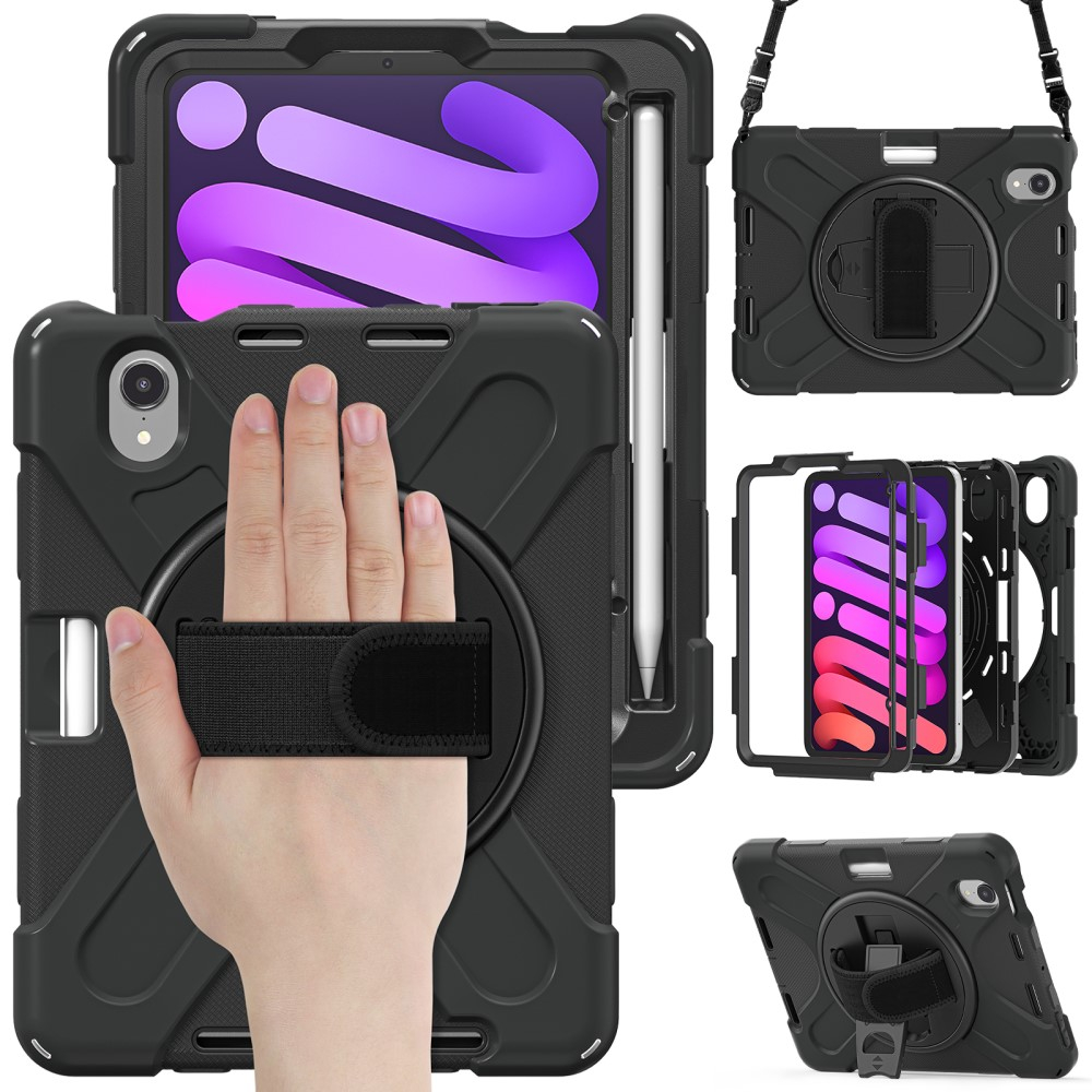 iPad Mini 7 (2024) / Mini 6 (2021) Hybrid Outdoor Silikon Case Hülle mit Aufsteller und Handschlaufe und Schultergurt - Schwarz