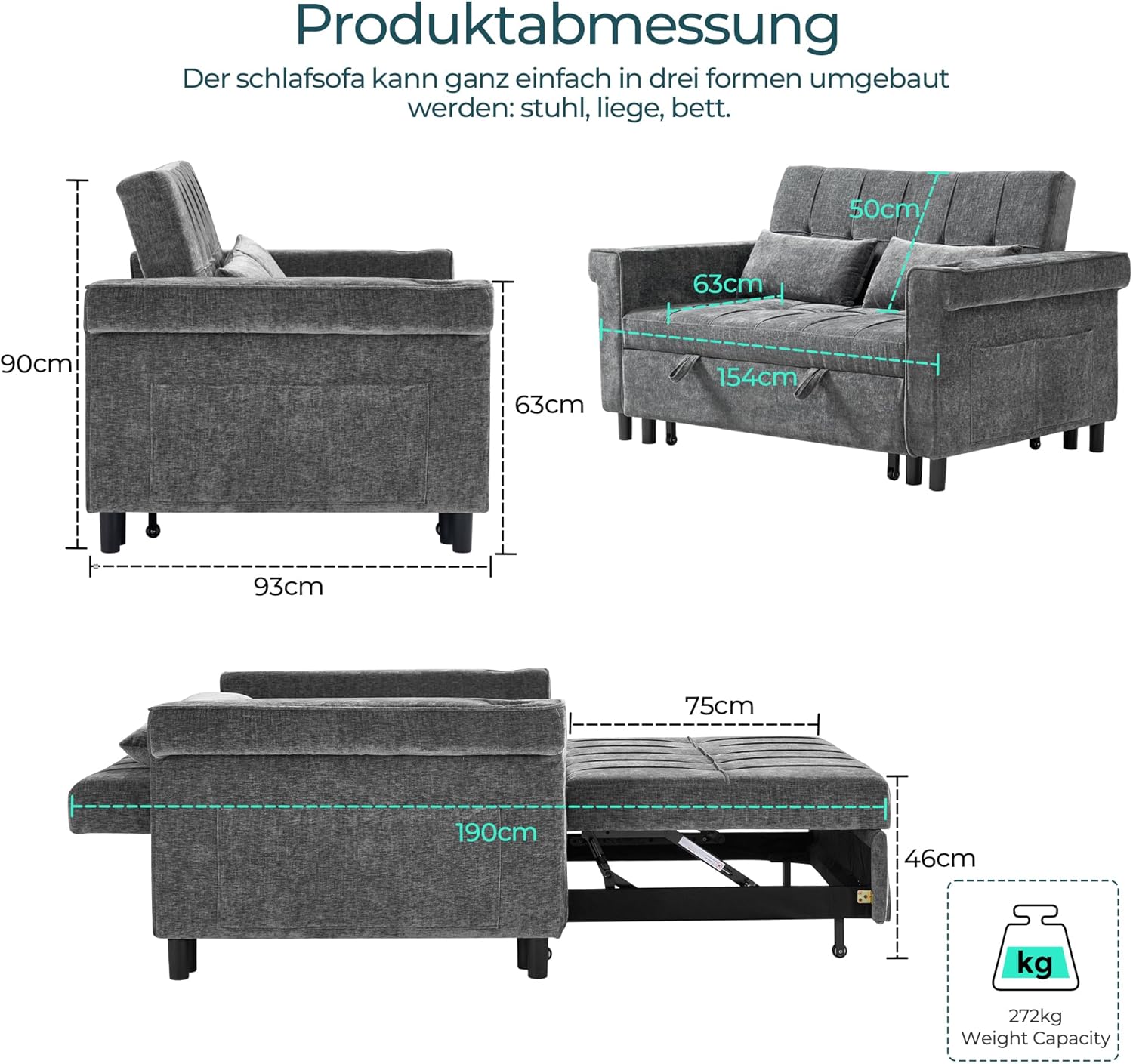 LINSY HOME 3-in-1 Schlafsofa, 2-Sitzer Sofa mit Schlaffunktion, Chenille Klappbares Schlafcouch mit Kissen, Seitentasche und Getränkehalter - Schlafbereich 120 x 190cm
