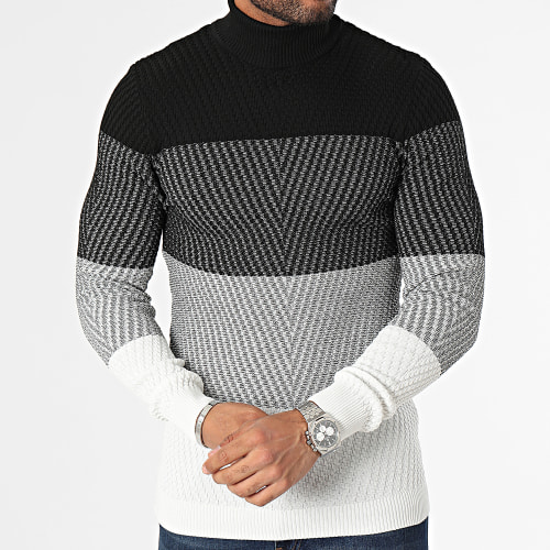 Pull Col Roulé Noir Gris Chiné Beige Clair
