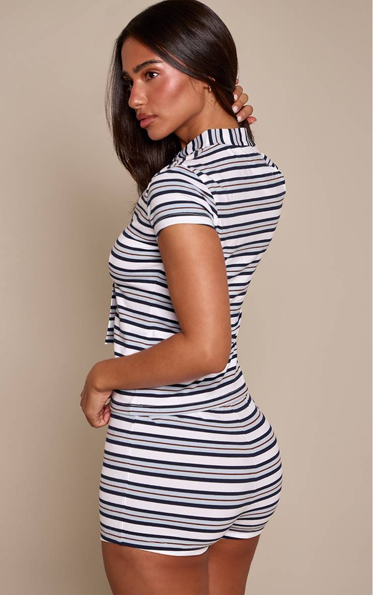 Bleu T-shirt Petite À Manches Courtes Rayé Avec Col Noué