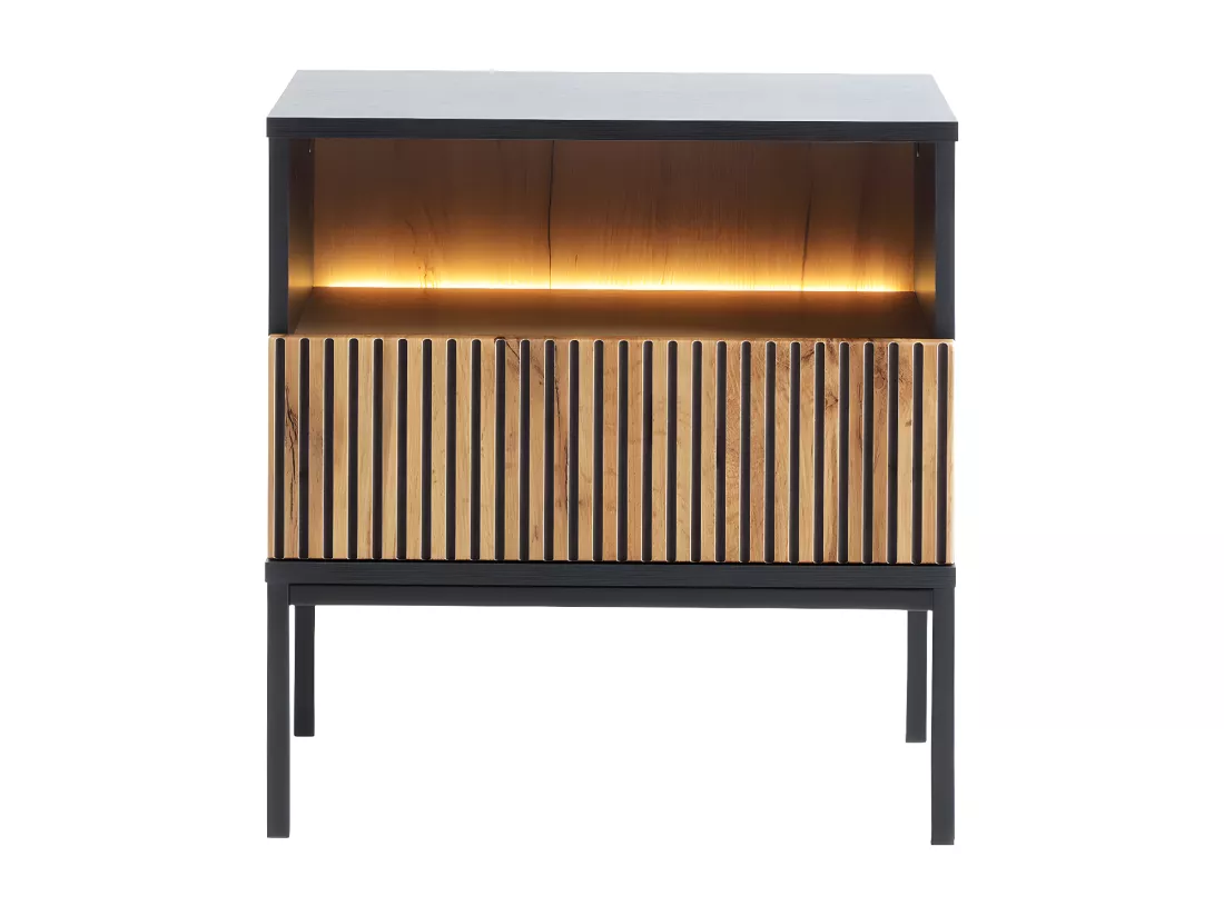 Lot de 2 tables de chevet avec 1 tiroir et 1 niche - Avec LEDs - Noir et naturel - OVILA