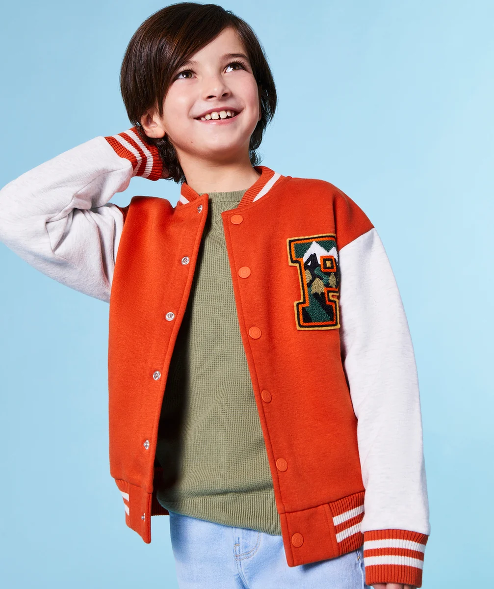GILET TEDDY GARÇON EN COTON BIO ORANGE AVEC PATCH EN BOUCLETTES