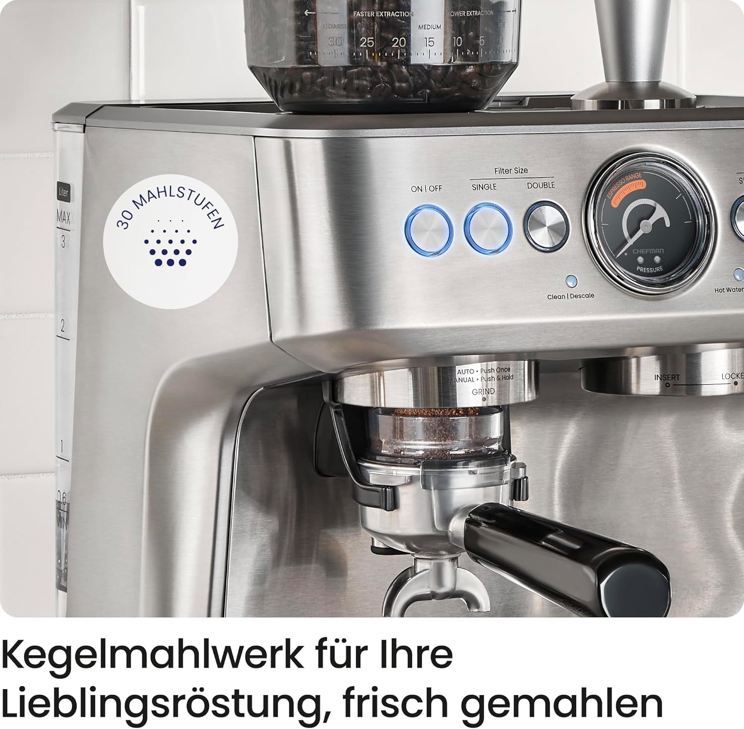 Chefman Crema Supreme 15 Bar Espressomaschine mit Milchaufschäumer, Barista Dampfstab, professionelle Kaffeemaschine mit Kaffeemühle, 30 Mahlgradeinstellungen, 3L abnehmbarer Wassertank - Edelstahl