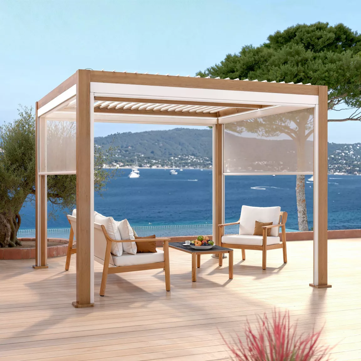 Pergola bioclimatique Autoportée motorisée aluminium et LED (3 x 3 m) Bois