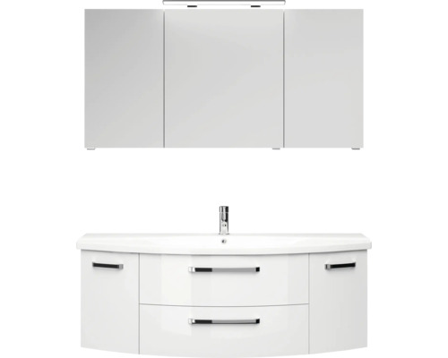 3-delige badkamermeubelset Pelipal xpressline 4010 BxHxD 144 x 200 x 49,5 cm, fronten hoogglans wit, met witte keramische wastafel en keramische spoelbak, badmeubel, spiegelkast met LED-verlichting, chromen grepen, 4010.1400109 40101400109