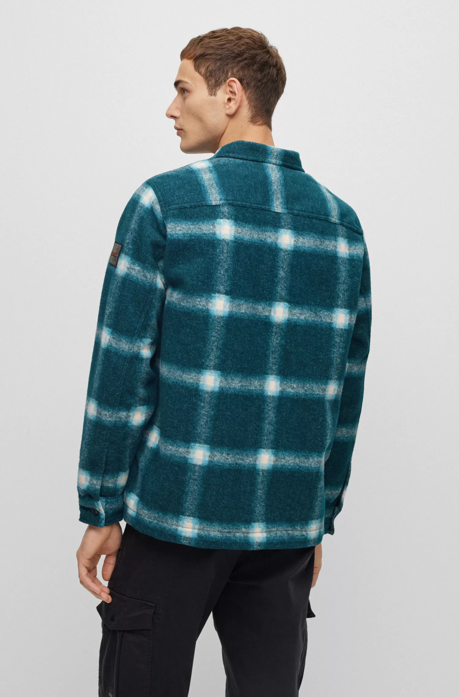 Sobretudo BOSS laranja de modelagem oversized em tecido bouclé xadrez.