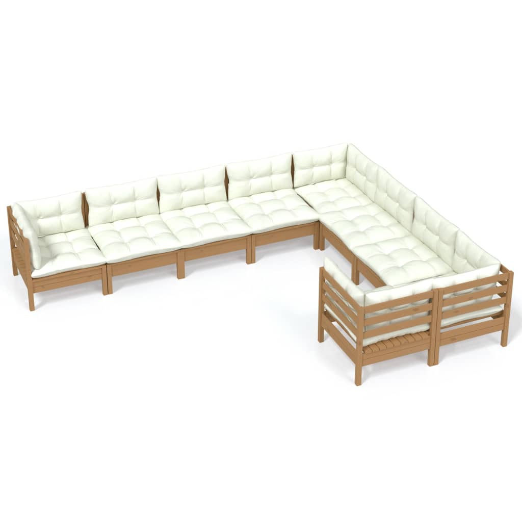 Salon de jardin meuble d'extérieur ensemble de mobilier 9 pièces avec coussins marron miel bois de pin