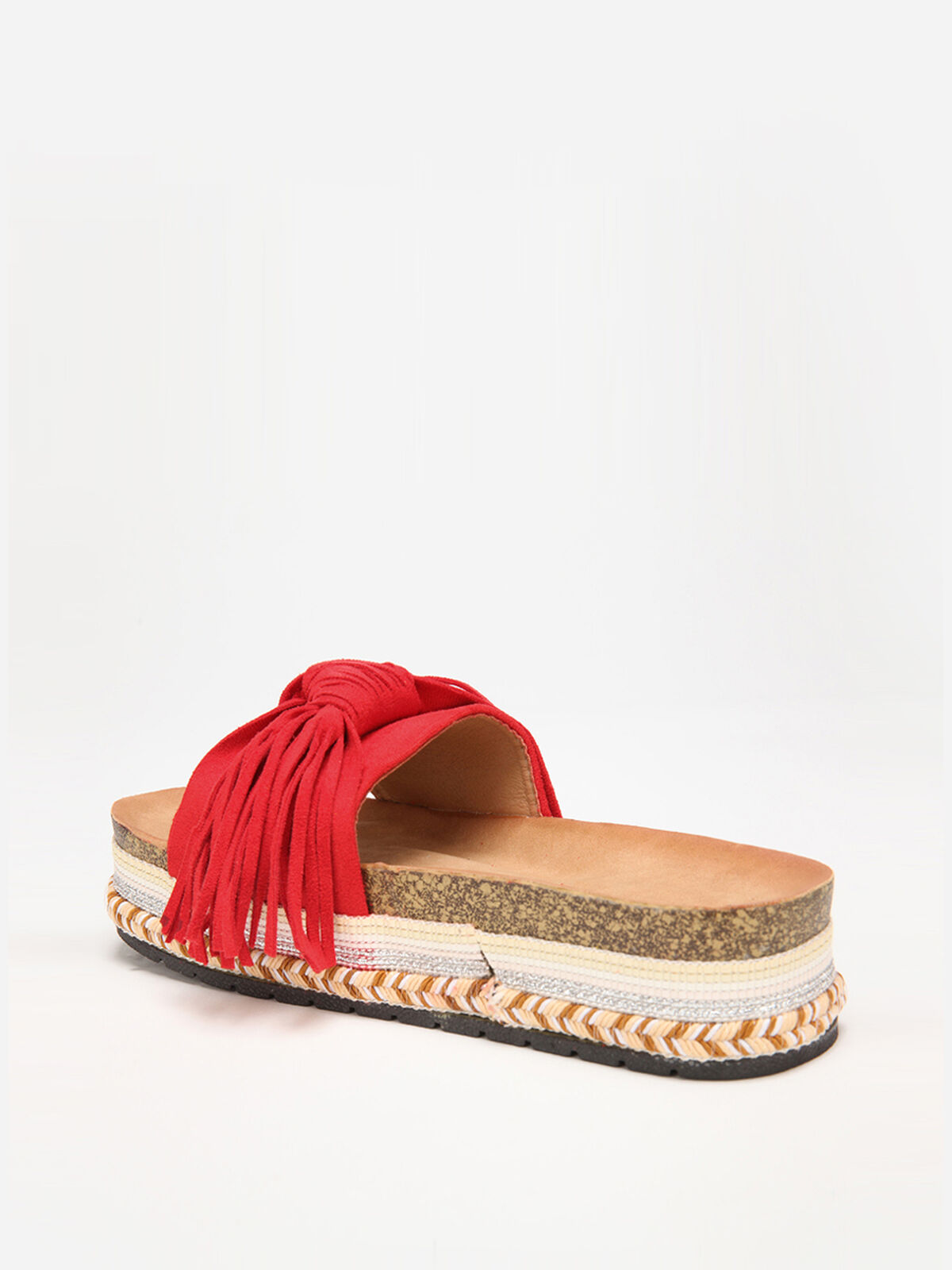 Mules à motif ethnique avec noeud et pompon- Rouge