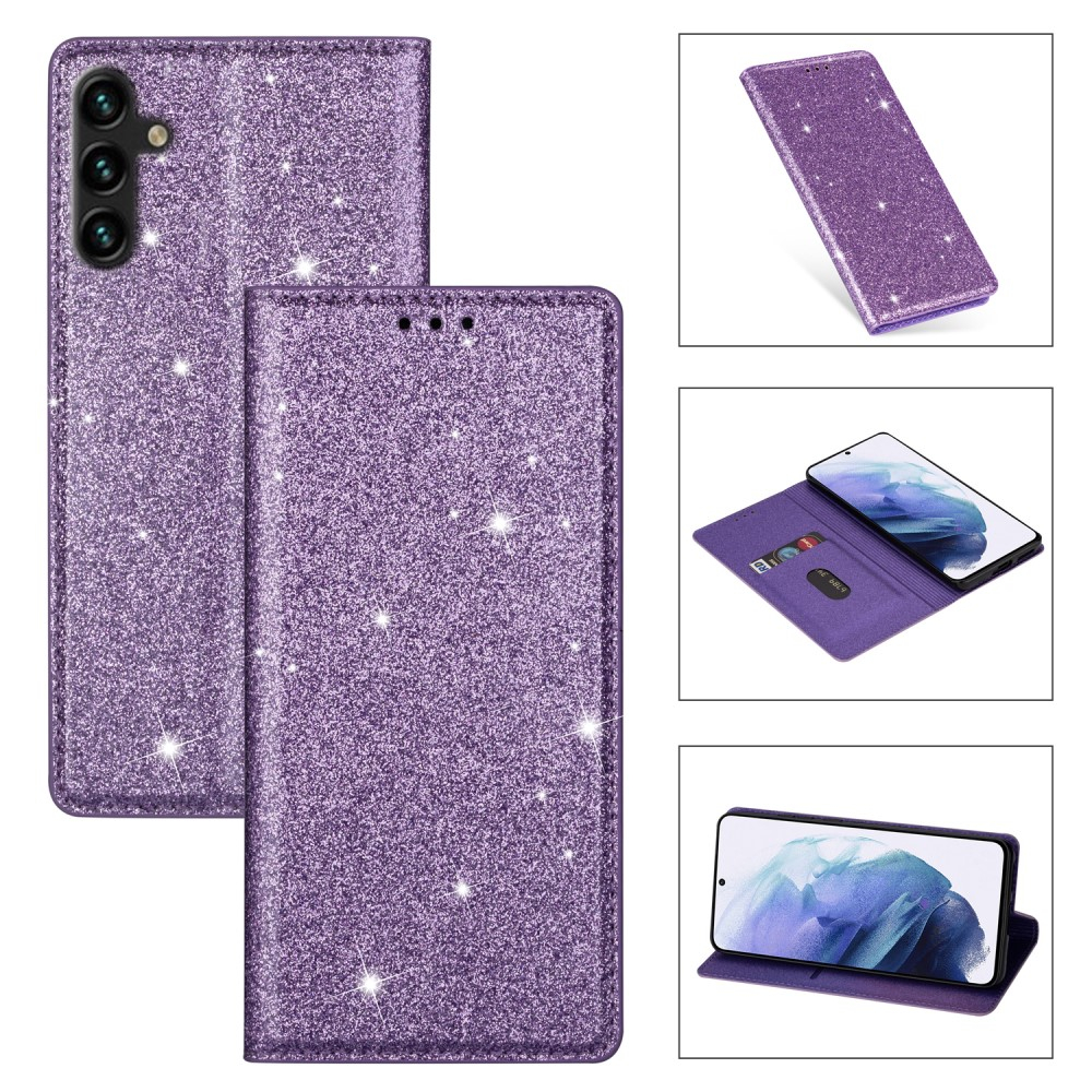 Samsung Galaxy A55 Flip Wallet Cover Leder Tasche Glitzer Optik - Lila