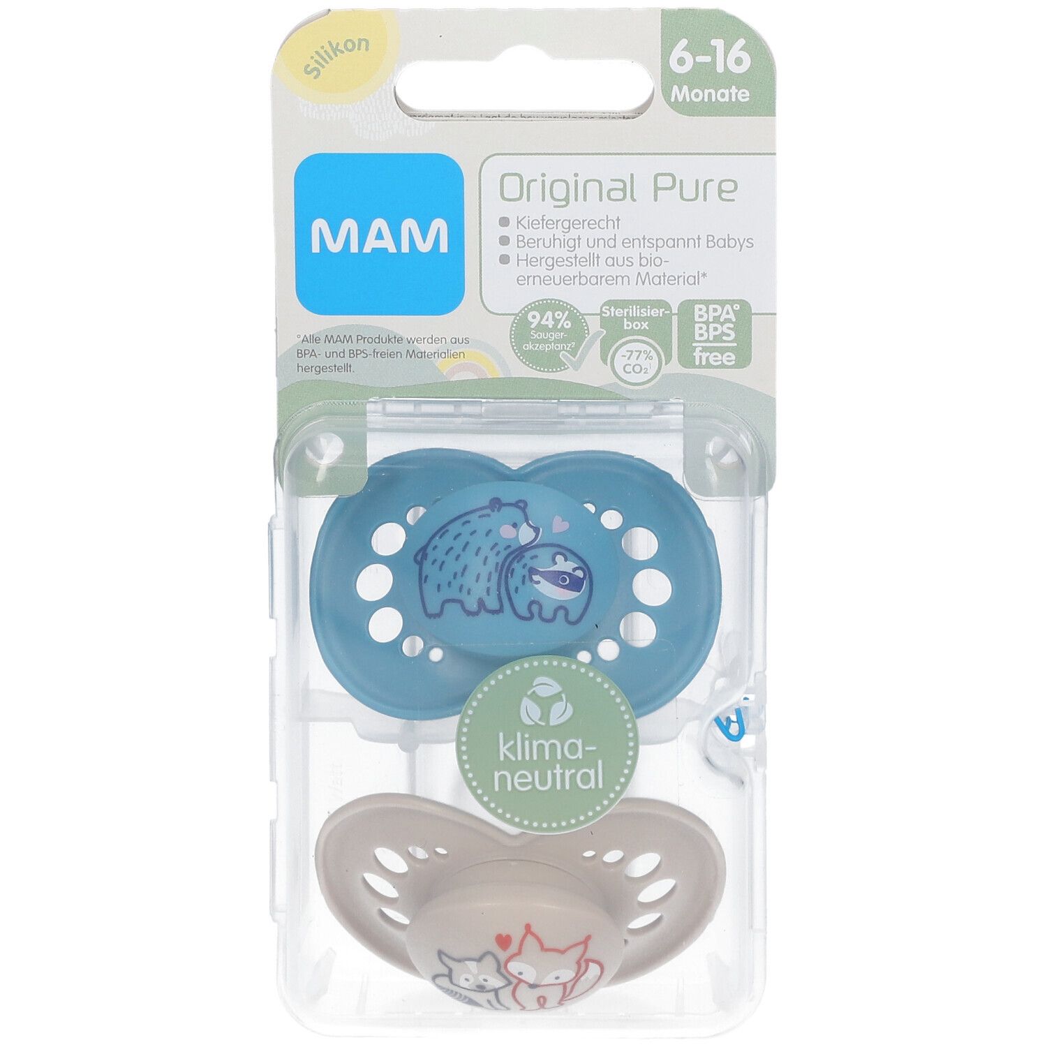 MAM Original Pure Silikonschnuller 6-16 Monate, Bär/ Fuchs