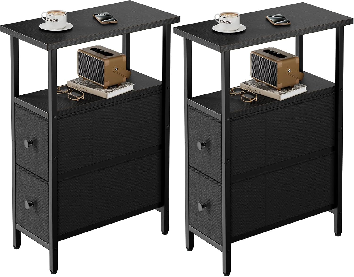 YMYNY Schmales Beistelltisch-Set, 2 Stück, schmaler Nachttisch mit 2 Stoffschubladen, nachtschränkchen für kleine Räume, beistelltisch Couch für Schlafzimmer und Wohnzimmer, Schwarz HST019B-2