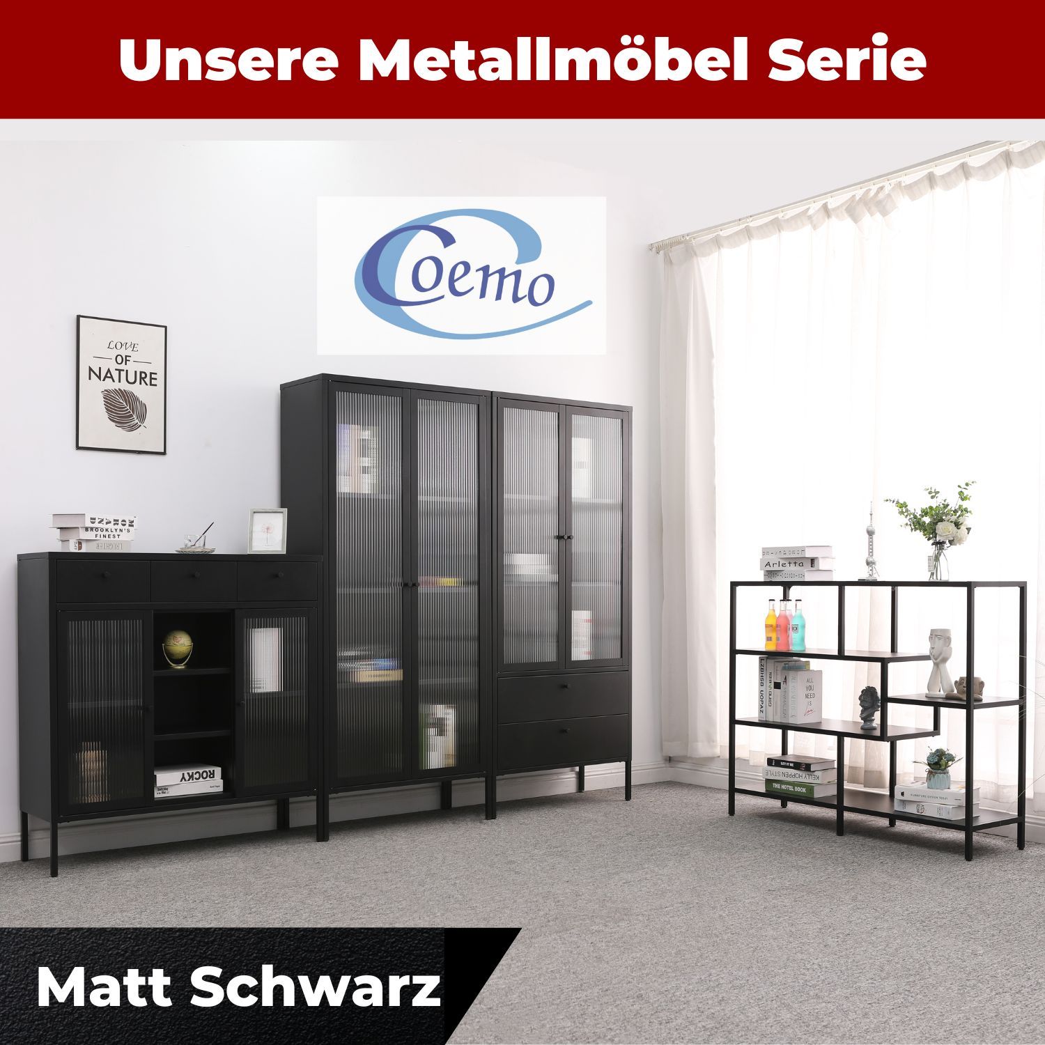 Coemo Regal Chicago M Raumteiler 120x35x100cm Metall 5 Ablageflächen schwarz