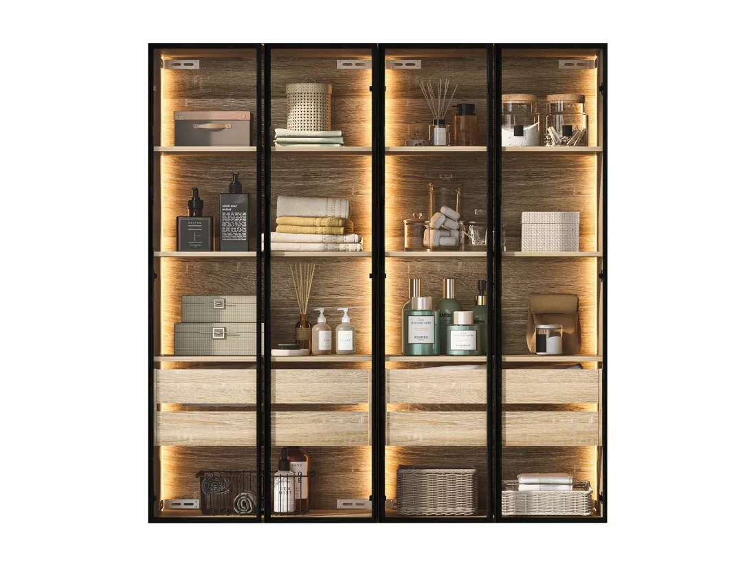 Ensemble de 2 Meubles de salle de bain avec LEDs - 148 x 36 x 155 cm - 4 grands tiroirs et 4 portes vitrées - bois MDF - naturel