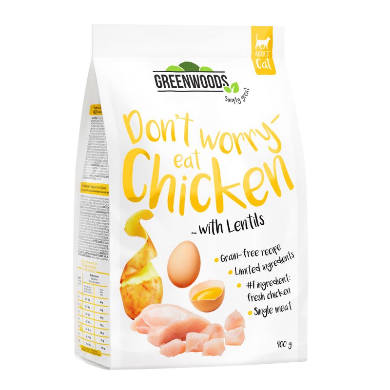 Greenwoods poulet, lentilles, pommes de terre, œuf pour chat