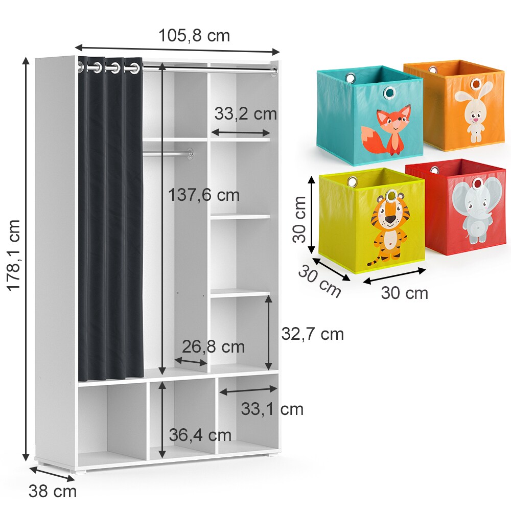 Vicco Kinderkleiderschrank Kinderzimmerschrank Kindergarderobe Luigi Weiß Faltbox 106 x 178 cm modern Schrankregal Jugendzimmerschrank Organizer Vorhang Kleiderstange Fächer Aufbewahrung Spielzeugablage