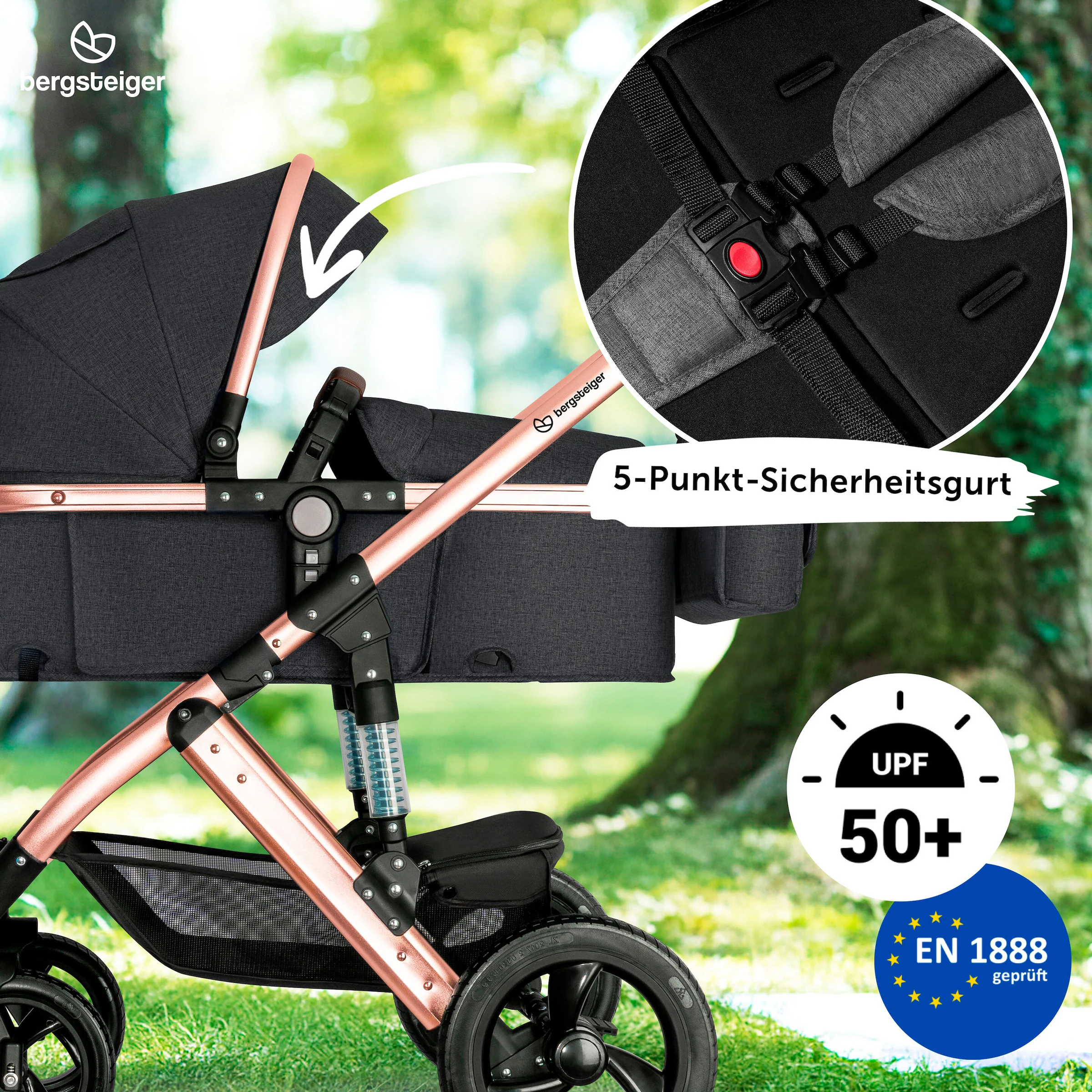 Bergsteiger Kinderwagen Nizza grey | Gestell: rose golden