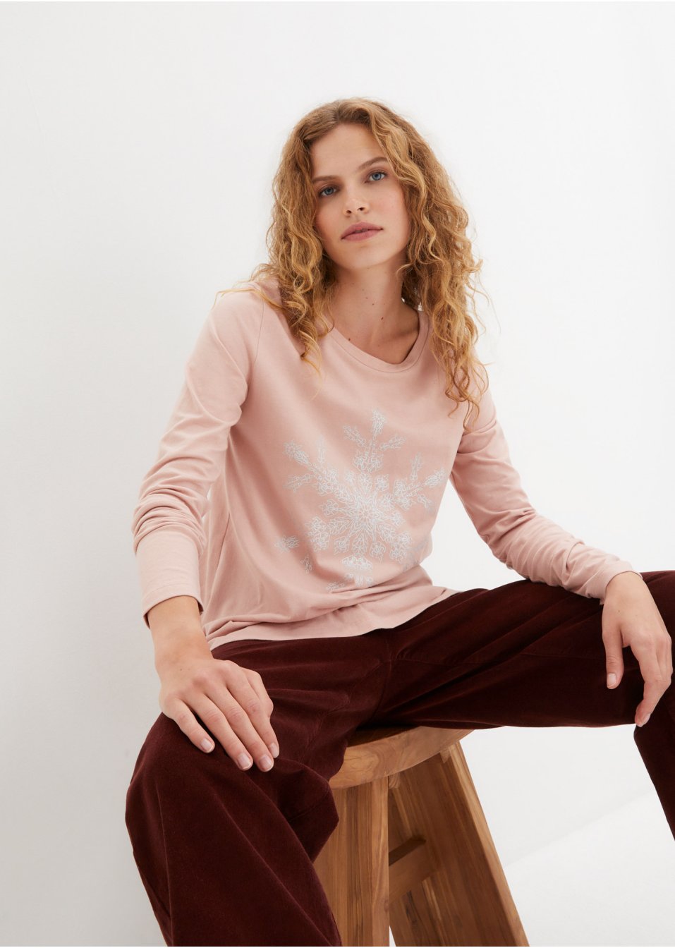 T-shirt manches longues coton à imprimé flocon de neige métallique
