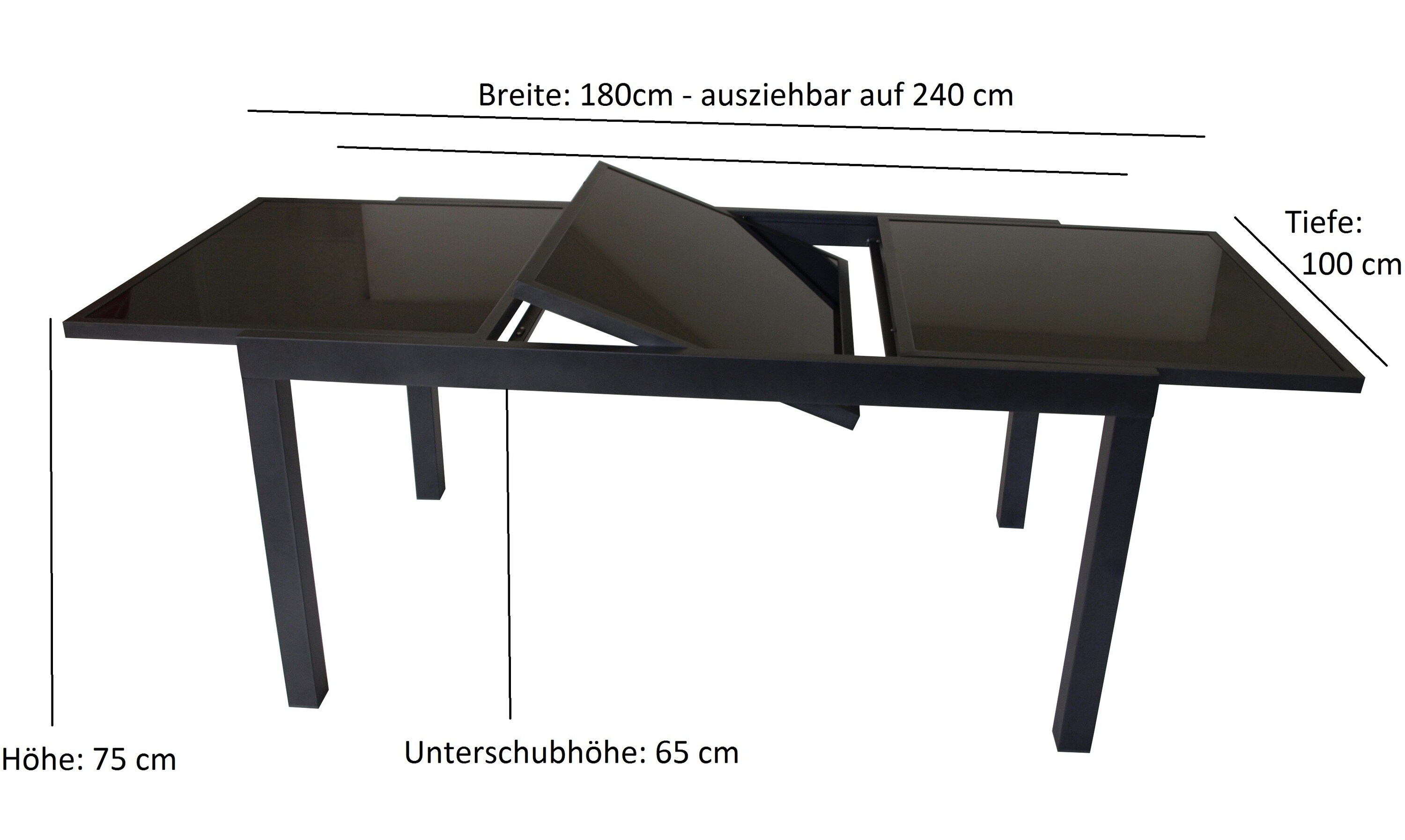 DEGAMO Ausziehtisch TORINO 180/240x100cm, Aluminium + Glas schwarz