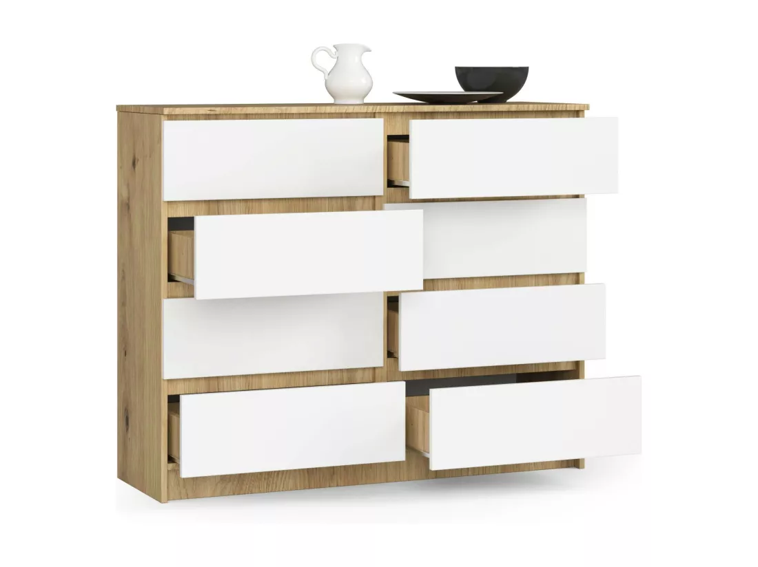 Commode AKORD K120 Chêne Artisan 120 cm 8 tiroirs façade Blanche 120x40x99 cm