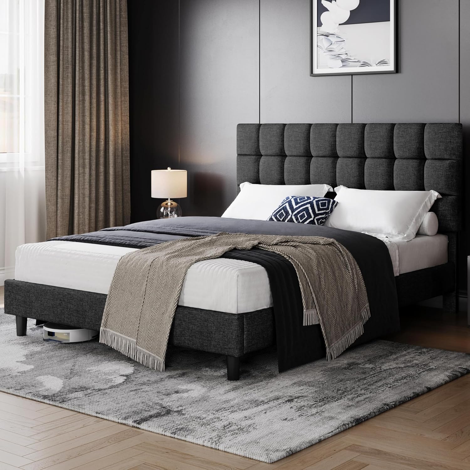 Yaheetech Polsterbett 160 x 200 cm Doppelbett mit Höhenverstellbarem Kopfteil, Stabiler Bettrahmen Stoffbett mit Lattenrost, Gepolstertes Bettgestell Jugendbett, Dunkelgrau