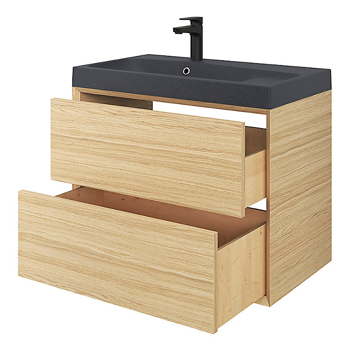 Meuble sous vasque à suspendre GoodHome Avela placage chêne 80 cm + Plan vasque en résine noir Mila