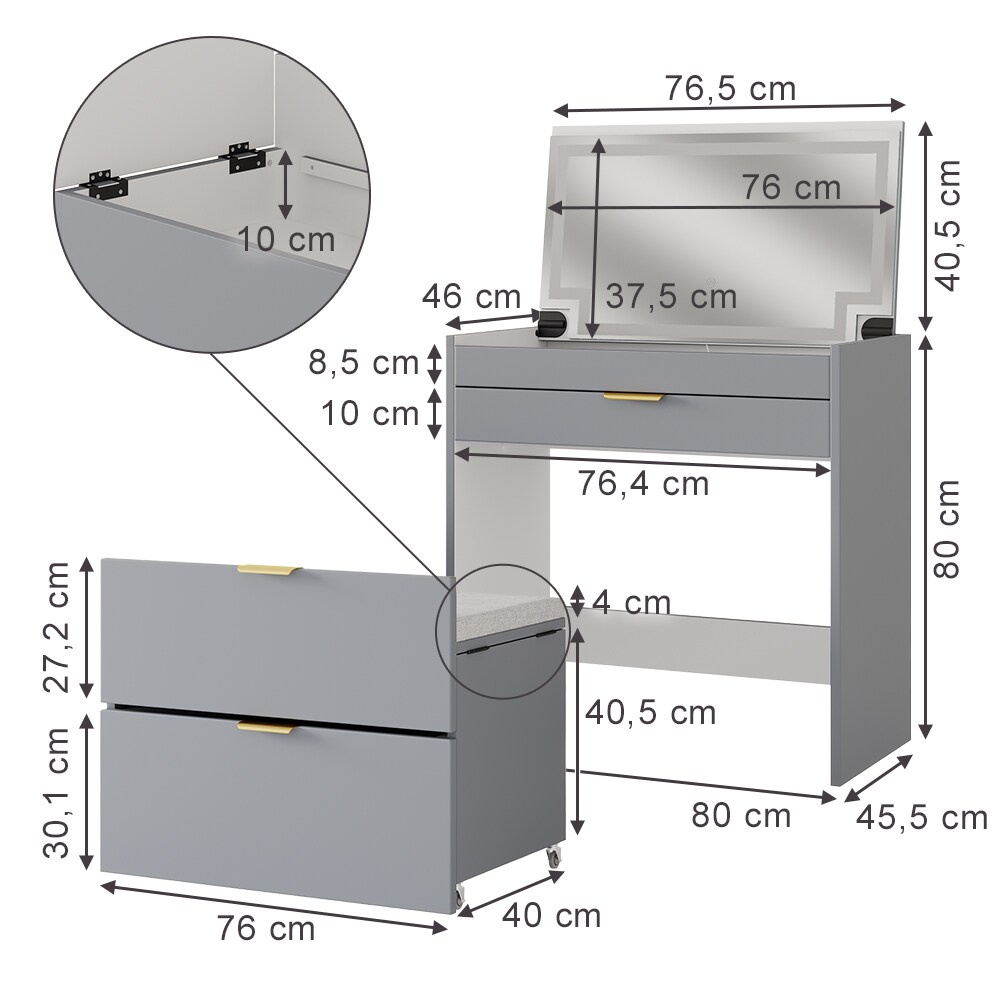 Vicco Schminkkommode Wanja Grau 80 cm mit Bank und LED-Spiegel