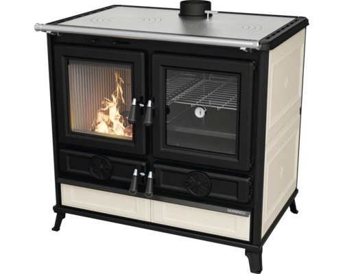 Thermorossi Viola Evo 12,1 kW vaste brandstofkachel met beige tegels en gietijzeren kookplaat