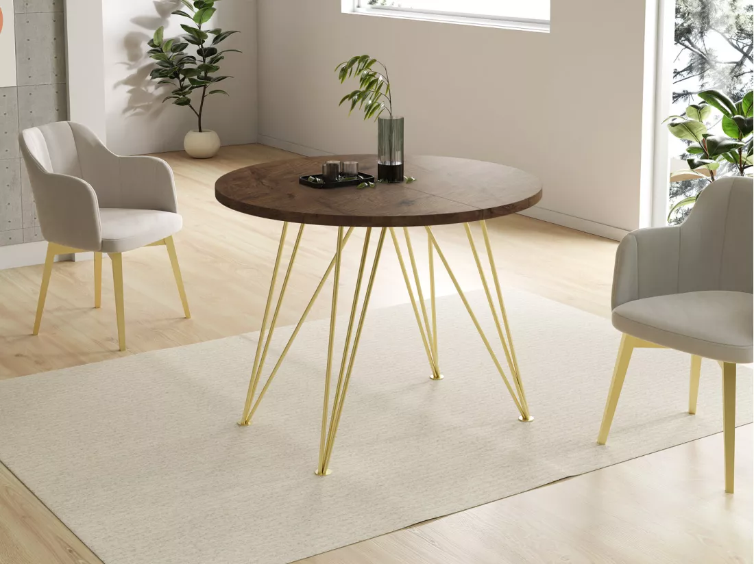 Table à Manger Extensible Ronde - Table Style Loft Avec Pieds En Métal - 100 à 180 Cm - Table Ronde Style Industriel Pour Le Salon - Compacte - Chêne Lefkas - 100 C