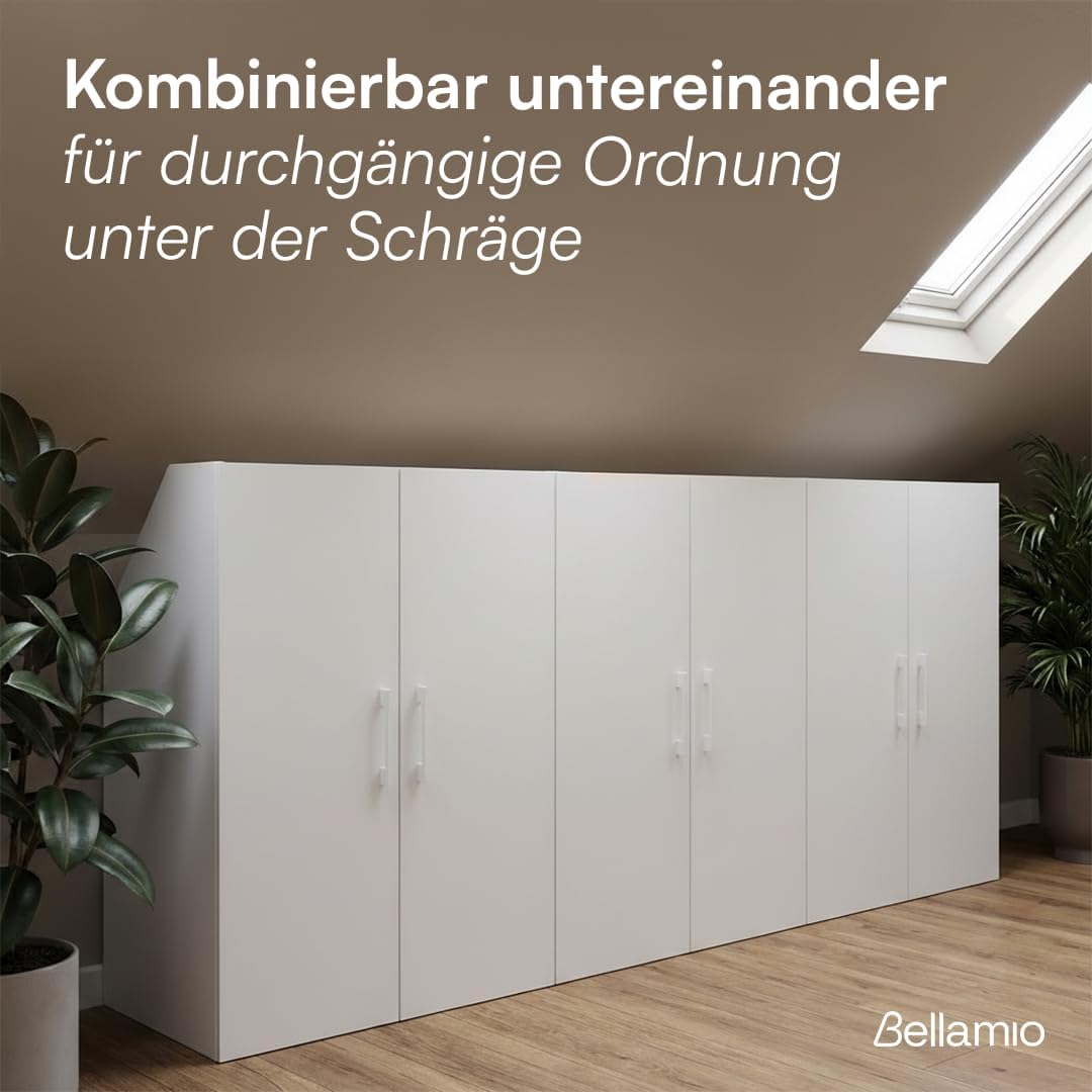 Bellamio Aland Dachschräge Regal in weiß – Dachschrägenschrank mit 2 Türen & 3 Fächern – Bücherregal/Kleiderschrank – platzsparender Stauraum für schräge Wände – Nischenschrank 100x90x52 (HxBxT)