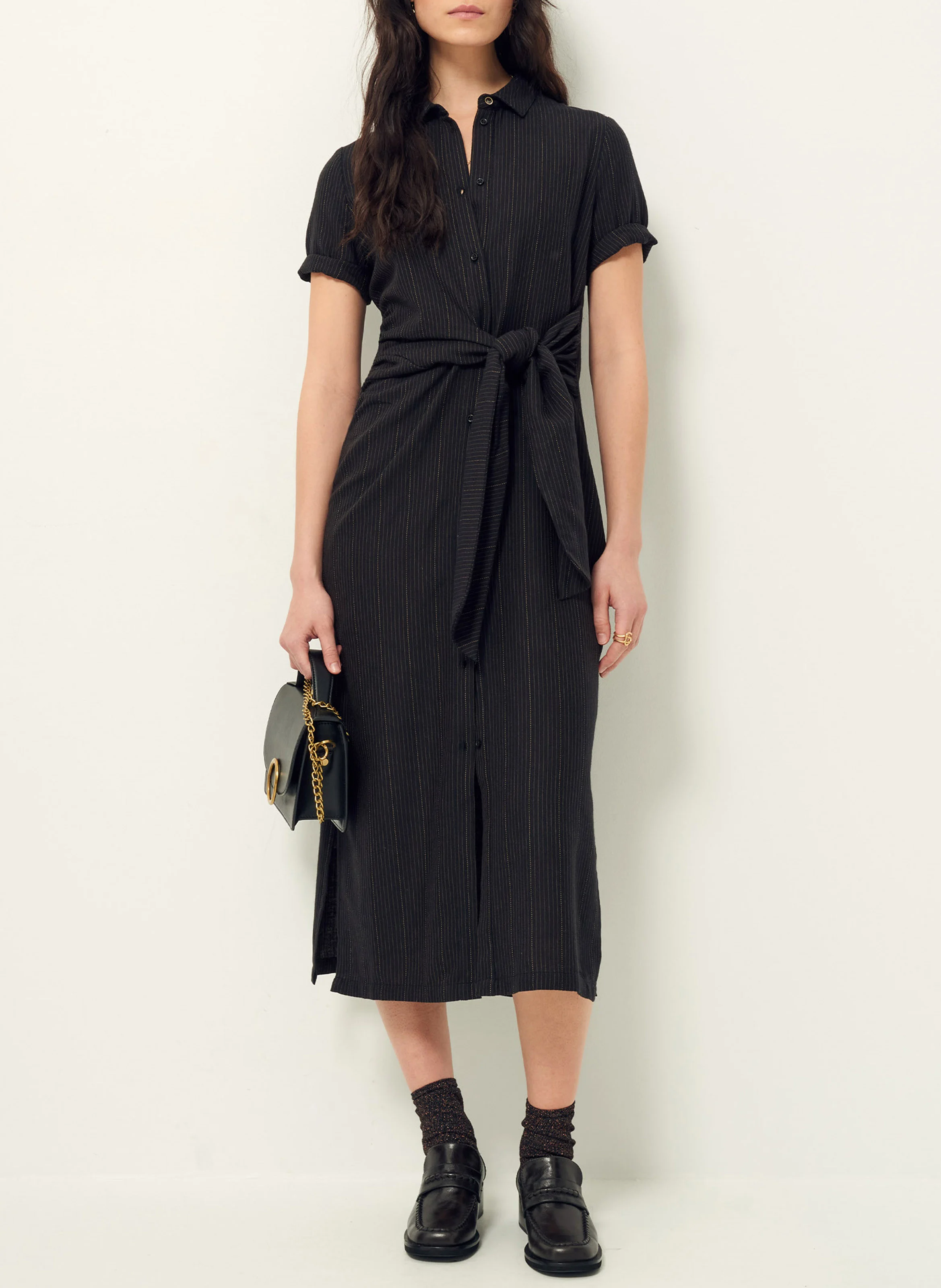 CHRISTIANA - Robe chemise midi rayée en coton et laine | Noir