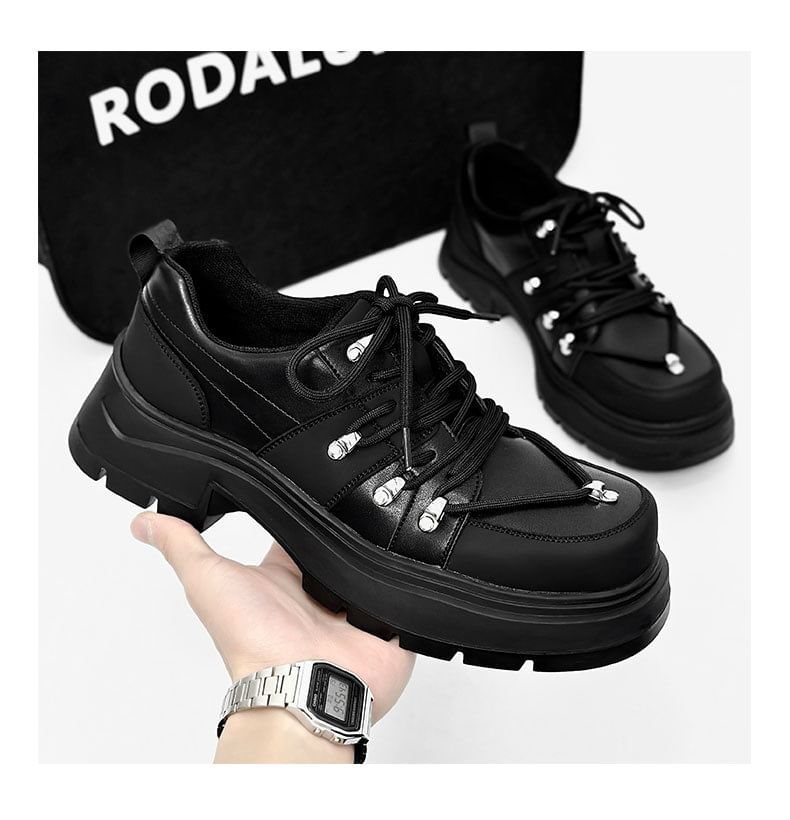 Malnia Home - Platform Plain Lace-Up Faux Leather Shoes
