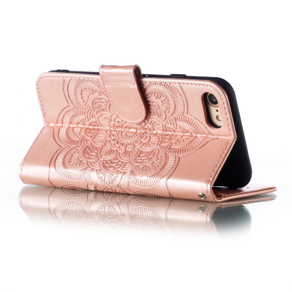 iPhone SE (2022/2020) / 8 / 7 Leder Tasche Wallet - Mandala Flowers Imprint - Roségold