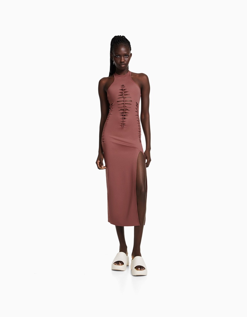 Vestido midi sem mangas com recortes a laser
