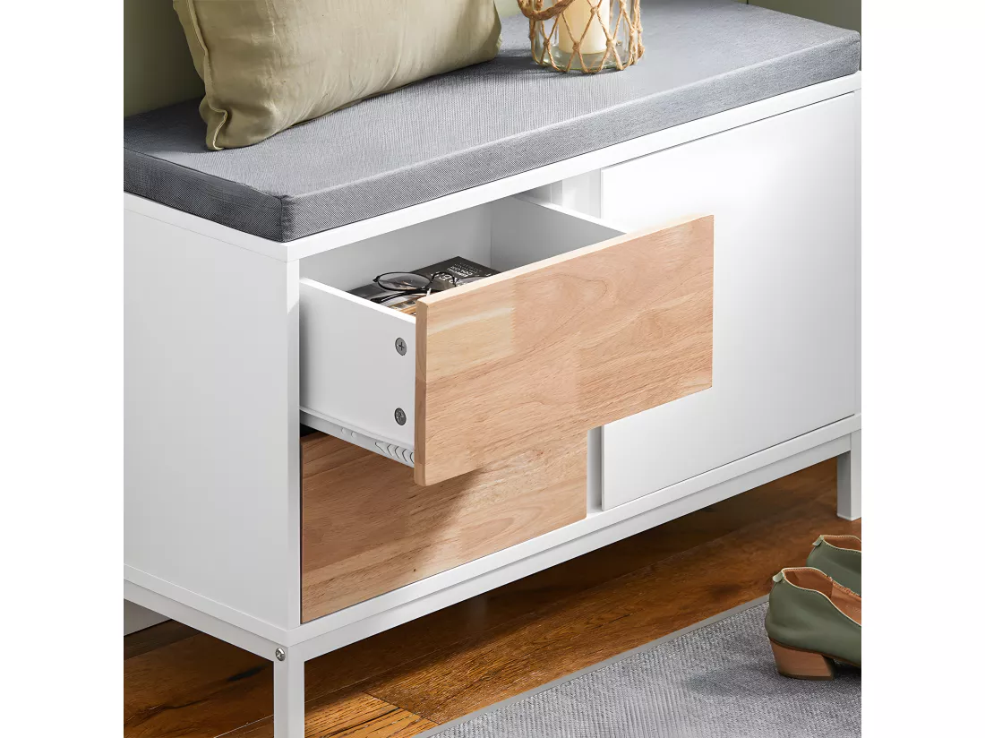 SoBuy Banc à Chaussures, Banc de Rangement avec Coussin rembourré, Meuble Bas Entrée sur Pieds avec 1 Porte et 2 Tiroirs, 80 x 30 x 51 cm, FSR167-WN