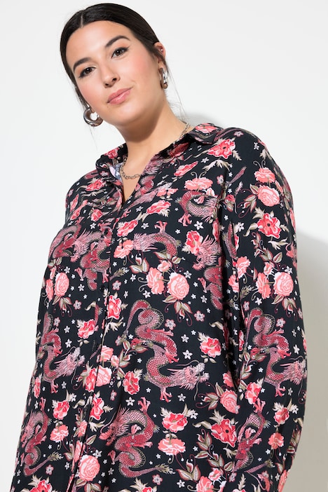 Hemdbluse, Boxy Shape, Asia-Print, Langarm
