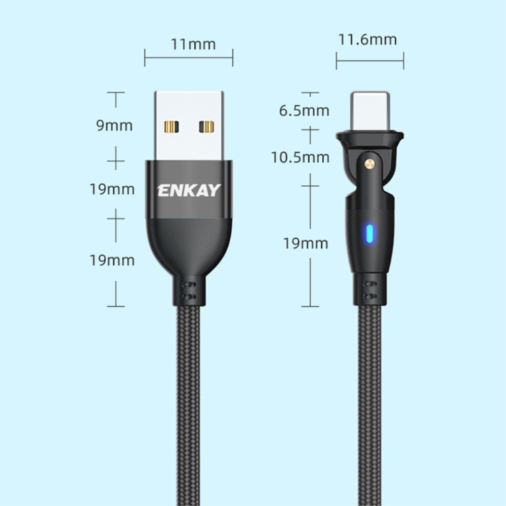 (1m) 2.1A USB A auf USB C Ladekabel 180° Nylon Datenkabel mit LED - Schwarz