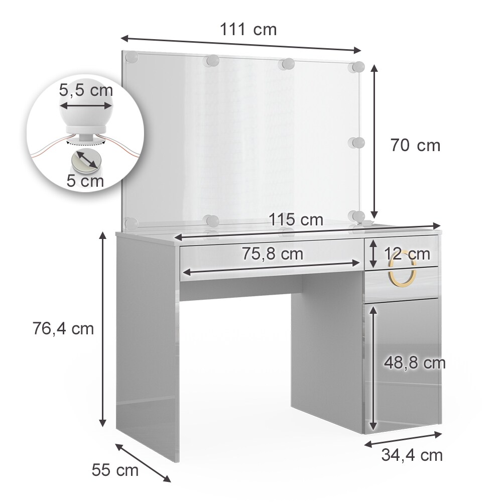 Vicco Schminktisch Adela Weiß Hochglanz, 115 x 76,4 cm mit Spiegel, LED