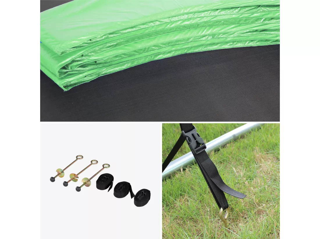 Trampoline 250 cm. vert. avec filet de protection. bâche. filet pour chaussures. kit d’ancrage