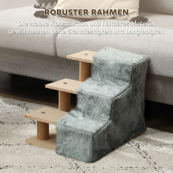 Hundetrapper 3-trinns 35 cm dyretrapper med plysj-utseende kattetrapper for sengesofa Katter opptil 5 kg lysegrå
