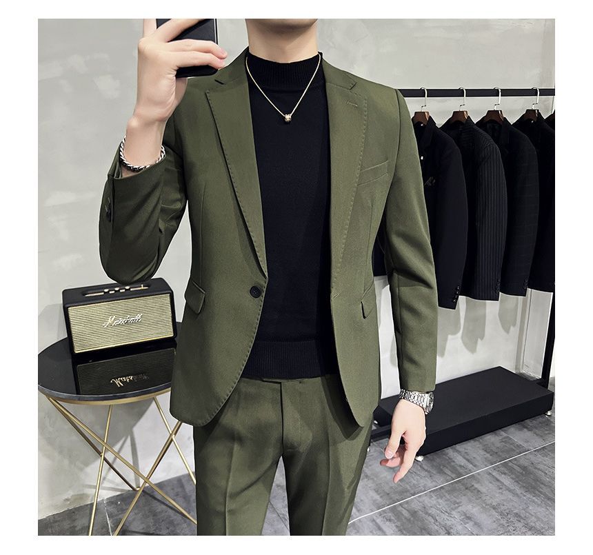 Deepwood - Set: Effen blazer met één knoop + taps toelopende pantalon