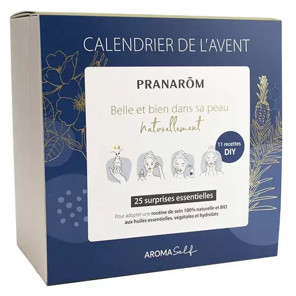 Calendário do Advento Pranarom com 25 produtos: Lavanda Verdadeira, Aloe Vera, Óleo de Rícino, Rosa Damascena
